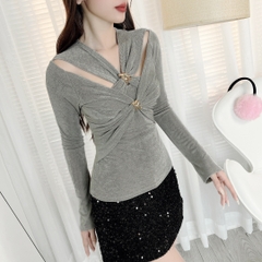 Áo Kiểu Nữ Khoen Đôi Cổ Chữ V Tay Dài 5 Màu Thun Nhũ Đi Du Lịch MIMIX - EB3