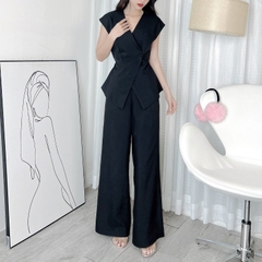 Set Bộ Nữ Áo Gile Phối 2 Nút Kèm Quần Dáng Dài Ống Suông Chất Chéo Lụa Công Sở MIMIX - EB6