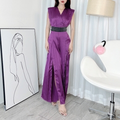 Jumpsuit Nữ Trơn Dáng Dài Cổ V Ống Phối Xẻ Chất Lụa Satin Đi Tiệc MIMIX - DG0