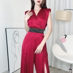 Jumpsuit Nữ Trơn Dáng Dài Cổ V Ống Phối Xẻ Chất Lụa Satin Đi Tiệc MIMIX - DG0