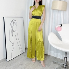 Jumpsuit Nữ Trơn Dáng Dài Cổ V Ống Phối Xẻ Chất Lụa Satin Đi Tiệc MIMIX - DG0