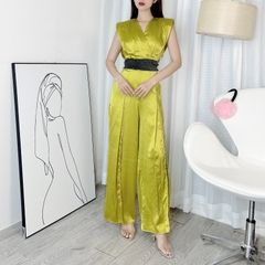 Jumpsuit Nữ Trơn Dáng Dài Cổ V Ống Phối Xẻ Chất Lụa Satin Đi Tiệc MIMIX - DG0