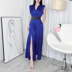 Jumpsuit Nữ Trơn Dáng Dài Cổ V Ống Phối Xẻ Chất Lụa Satin Đi Tiệc MIMIX - DG0