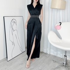 Jumpsuit Nữ Trơn Dáng Dài Cổ V Ống Phối Xẻ Chất Lụa Satin Đi Tiệc MIMIX - DG0