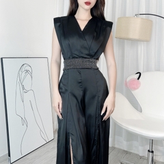 Jumpsuit Nữ Trơn Dáng Dài Cổ V Ống Phối Xẻ Chất Lụa Satin Đi Tiệc MIMIX - DG0