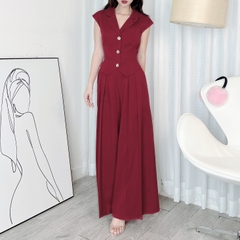 Set Gile Cổ Vest Trơn Nữ Kèm Quần Ống Rộng Dáng Dài Xếp Ly Chất Chéo Ruby Đi Làm Đi Tiệc MIMIX - EC4