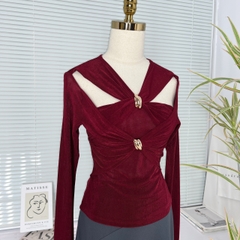 Áo Kiểu Nữ Khoen Đôi Cổ Chữ V Tay Dài 5 Màu Thun Nhũ Đi Du Lịch MIMIX - EB3