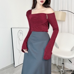Áo Kiểu Nữ Trơn Tay Dài Tà Nhọn Trễ Vai Phối Nhún Chất Thun Nhũ Đi Làm Đi Chơi MIMIX - EA2