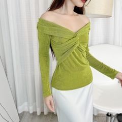 Áo Kiểu Nữ Trơn Xoắn Trước Tay Dài Chất Thun Nhũ Đi Làm Đi Tiệc MIMIX - DR5
