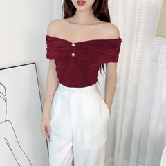 Áo Kiểu Nữ Trơn Trễ Vai Dây Yếm Nhún Tay Phối 2 Nút Chất Thun Nhũ Đi Du Lịch MIMIX - ED6