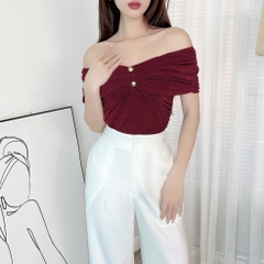 Áo Kiểu Nữ Trơn Trễ Vai Dây Yếm Nhún Tay Phối 2 Nút Chất Thun Nhũ Đi Du Lịch MIMIX - ED6