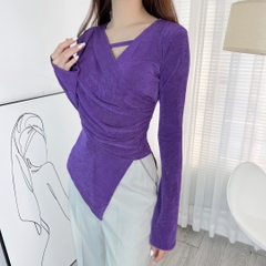 Áo Tay Dài Tà Nhọn Dây Ngực Xếp Ly Vạt Eo Chất Thun Nhũ Đi Làm Đi Chơi MIMIX - DU3