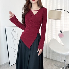 Áo Tay Dài Tà Nhọn Dây Ngực Xếp Ly Vạt Eo Chất Thun Nhũ Đi Làm Đi Chơi MIMIX - DU3