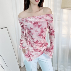 Áo Kiểu Nữ Tà Nhọn In Họa Tiết Trễ Vai Tay Dài Phối Rút Dây Chất Lưới In Hoa Lưới Ép Nhung Đi Du Lịch MIMIX - EE3