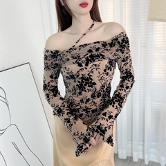 Áo Kiểu Nữ Tà Nhọn In Họa Tiết Trễ Vai Tay Dài Phối Rút Dây Chất Lưới In Hoa Lưới Ép Nhung Đi Du Lịch MIMIX - EE3