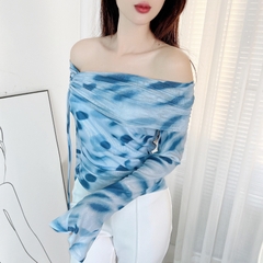 Áo Kiểu Nữ Tà Nhọn In Họa Tiết Trễ Vai Tay Dài Phối Rút Dây Chất Lưới In Hoa Lưới Ép Nhung Đi Du Lịch MIMIX - EE3