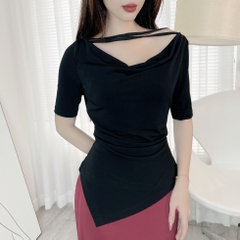 Áo Thun Nữ Tà Nhọn Phối Dây Đôi Tay Ngắn Chất Thun Lạnh Ladong Công Sở MIMIX - EE4