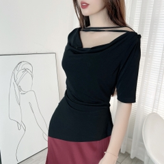 Áo Thun Nữ Tà Nhọn Phối Dây Đôi Tay Ngắn Chất Thun Lạnh Ladong Công Sở MIMIX - EE4