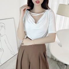 Áo Thun Nữ Tà Nhọn Phối Dây Đôi Tay Ngắn Chất Thun Lạnh Ladong Công Sở MIMIX - EE4