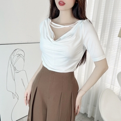 Áo Thun Nữ Tà Nhọn Phối Dây Đôi Tay Ngắn Chất Thun Lạnh Ladong Công Sở MIMIX - EE4