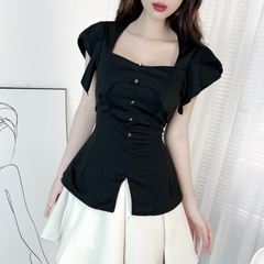 Áo Thun Cổ Vuông Nút Hoa Chất Thun Mịn Dày Đi Làm Đi Tiệc MIMIX - EE9