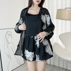 Set Bộ Nữ Thêu Hoa Áo Nút Tàu Tay Dài Kèm Quần Short Chất Tơ Nến Thêu Đi Biển MIMIX - EE6