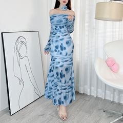 Đầm Body Tay Dài Trễ Vai Dáng Dài Chất Thun Lưới In Hoa QC Đi Tiệc Đi Du Lịch MIMIX - DZ6