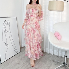Đầm Maxi Hoa Bèo Dọc Xếp Ly Eo Tay Lửng Dáng Dài Tặng Kèm Hoa Chất Tơ Sước Nhũ In Hoa Đi Biển MIMIX - DE6