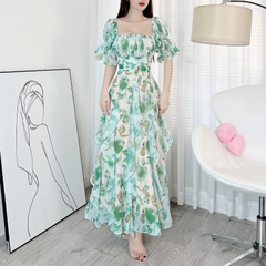 Đầm Maxi Hoa Bèo Dọc Xếp Ly Eo Tay Lửng Dáng Dài Tặng Kèm Hoa Chất Tơ Sước Nhũ In Hoa Đi Biển MIMIX - DE6