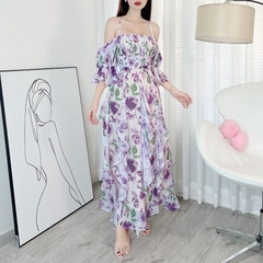 Đầm Maxi Hoa Bèo Dọc Xếp Ly Eo Tay Lửng Dáng Dài Tặng Kèm Hoa Chất Tơ Sước Nhũ In Hoa Đi Biển MIMIX - DE6