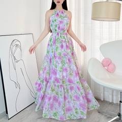 Đầm Maxi MIMIX Cổ Yếm Phối Hoa Dáng Dài Xòe Mùa Hè Phong Cách Thanh Lịch Đi Biển BX7245