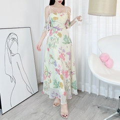 Đầm Maxi Váy In Hoa 2 Dây Trễ Vai Có Bo Chun Chất Voan Hàn + Tơ IC Đi Biển MIMIX - EG2