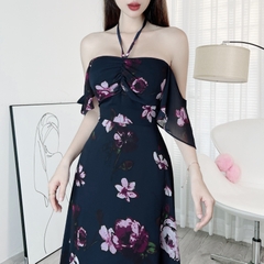 Đầm Maxi Váy In Hoa 2 Dây Trễ Vai Có Bo Chun Chất Voan Hàn + Tơ IC Đi Biển MIMIX - EG2