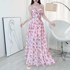 Set Váy Áo 2 Dây Mix Chân Váy Dáng Dài Xòe Chất Voan Tơ Sống Tơ Thêu Đi Biển Đi Tiệc MIMIX - EH4