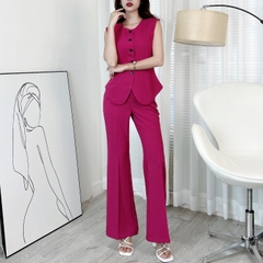 Set Gile Trơn Nữ Áo Cổ Tròn Vạt Bầu Phối Nút Và Quần Ống Loe Dáng Dài Chất Chéo MIMIX - EI5