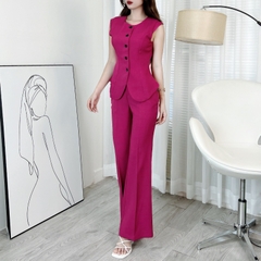 Set Gile Trơn Nữ Áo Cổ Tròn Vạt Bầu Phối Nút Và Quần Ống Loe Dáng Dài Chất Chéo MIMIX - EI5