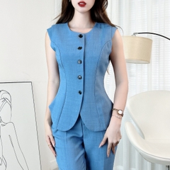 Set Gile Trơn Nữ Áo Cổ Tròn Vạt Bầu Phối Nút Và Quần Ống Loe Dáng Dài Chất Chéo MIMIX - EI5