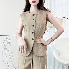 Set Gile Trơn Nữ Áo Cổ Tròn Vạt Bầu Phối Nút Và Quần Ống Loe Dáng Dài Chất Chéo MIMIX - EI5