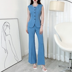 Set Gile Trơn Nữ Áo Cổ Tròn Vạt Bầu Phối Nút Và Quần Ống Loe Dáng Dài Chất Chéo MIMIX - EI5