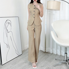 Set Gile Trơn Nữ Áo Cổ Tròn Vạt Bầu Phối Nút Và Quần Ống Loe Dáng Dài Chất Chéo MIMIX - EI5