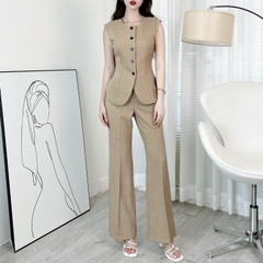 Set Gile Trơn Nữ Áo Cổ Tròn Vạt Bầu Phối Nút Và Quần Ống Loe Dáng Dài Chất Chéo MIMIX - EI5