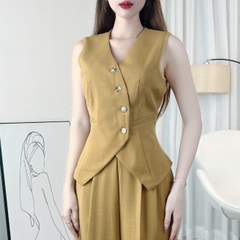 Set Bộ Gile Áo Cổ V Vạt Nhọn Phối Nút Lệch Kèm Quần Suông Dáng Dài Chất Chéo Hàn MIMIX - EJ2