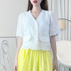 Áo Boi Thêu Dáng Baby Doll Cổ V Tay Ngắn Viền Ren Phối Túi Đi Biển Đi Dạo MIMIX - EJ3