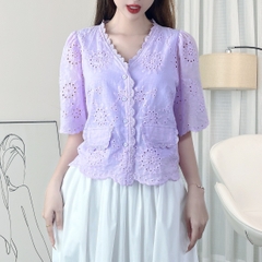 Áo Boi Thêu Dáng Baby Doll Cổ V Tay Ngắn Viền Ren Phối Túi Đi Biển Đi Dạo MIMIX - EJ3