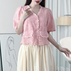 Áo Boi Thêu Dáng Baby Doll Cổ V Tay Ngắn Viền Ren Phối Túi Đi Biển Đi Dạo MIMIX - EJ3
