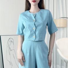 Set Bộ Áo Lượn Sóng Cổ Tròn Tay Ngắn Kèm Quần Suông Dài Chất Chéo Ruby Công Sở MIMIX - EI6