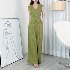 Set Bộ Áo Gile Cổ V Tà Nhọn Kèm Quần Dáng Suông Chất Linen Lụa Sọc Đi Tiệc MIMIX - EJ5
