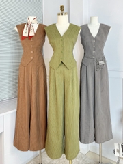 Set Bộ Áo Gile Cổ V Tà Nhọn Kèm Quần Dáng Suông Chất Linen Lụa Sọc Đi Tiệc MIMIX - EJ5