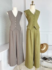 Set Bộ Áo Gile Cổ V Tà Nhọn Kèm Quần Dáng Suông Chất Linen Lụa Sọc Đi Tiệc MIMIX - EJ5
