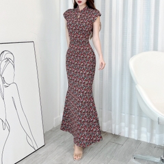 Đầm Body Hoa MIMIX Áo Cổ Tàu Giọt Nước Dáng Dài Form Đuôi Cá Tôn Dáng EI3190